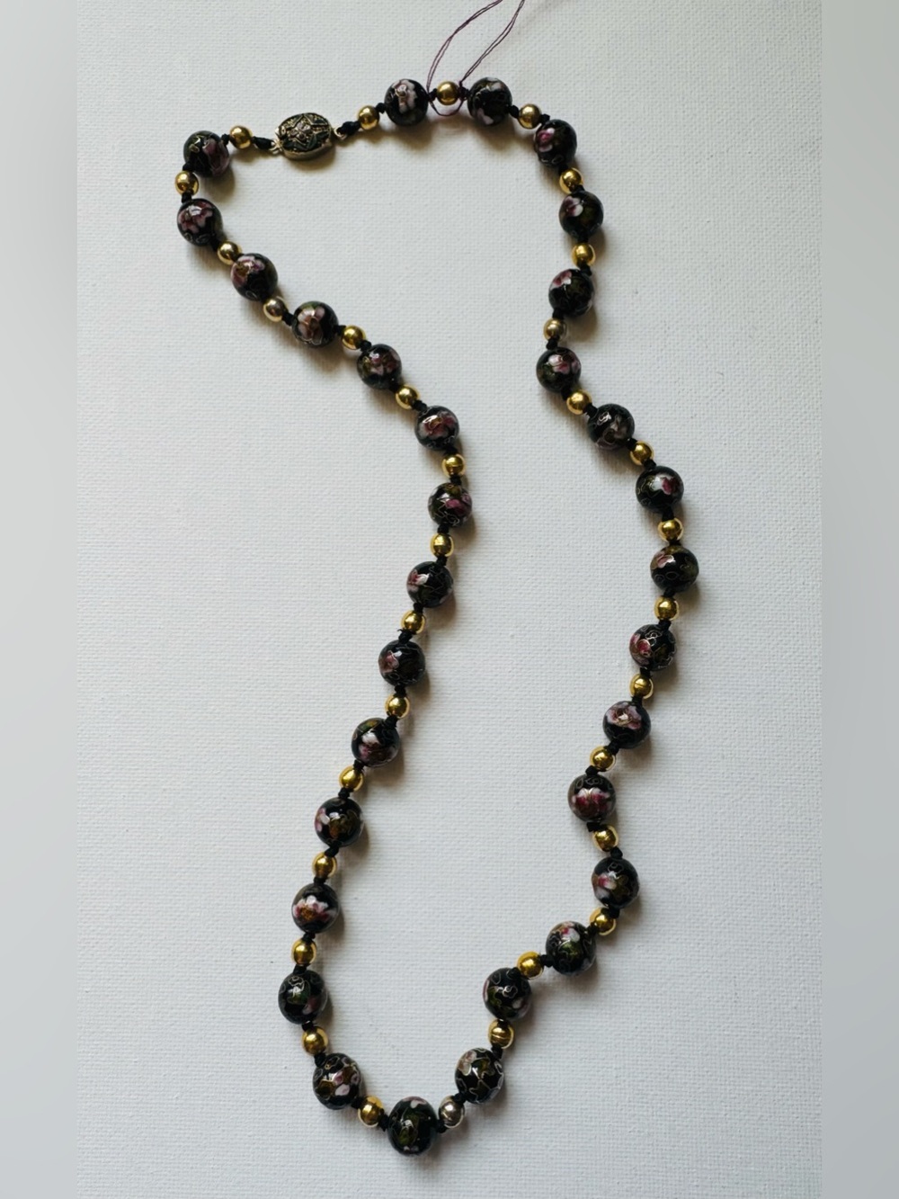 Vintage Cloisonné Black Beaded Necklace